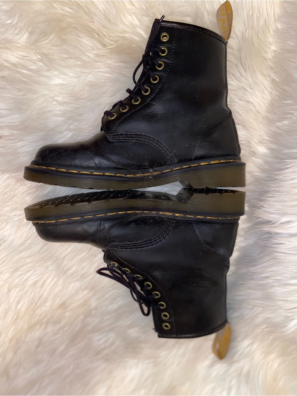 Dr.Martens Docs Black Lace-Up Combat Boots with Yellow Stitching- US SIZE 7